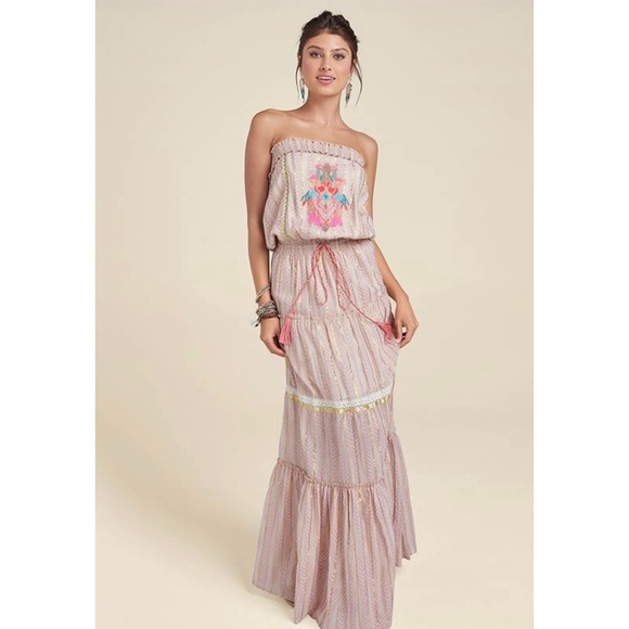 VENUS Dresses & Skirts - Venus Striped Strapless Embroidered Maxi Dress Metallic Boho Women’s Large